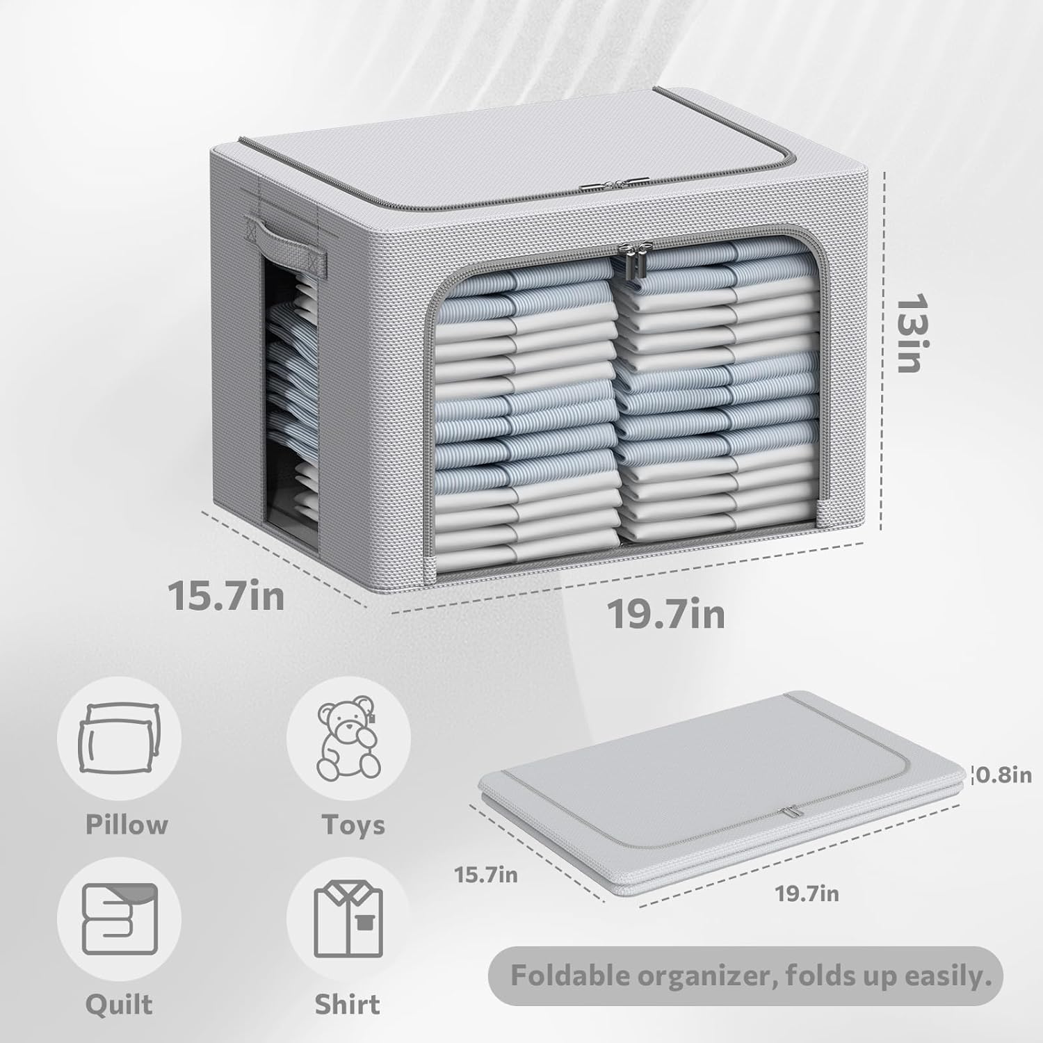 CYhom 3Pack Frame Storage Box - Clothes Storage Bin Bags Oxford Fabric Foldable Stackable Container Organizer Set with Clear Window & Carry Handles Large Capacity (Grey, Large-66L)