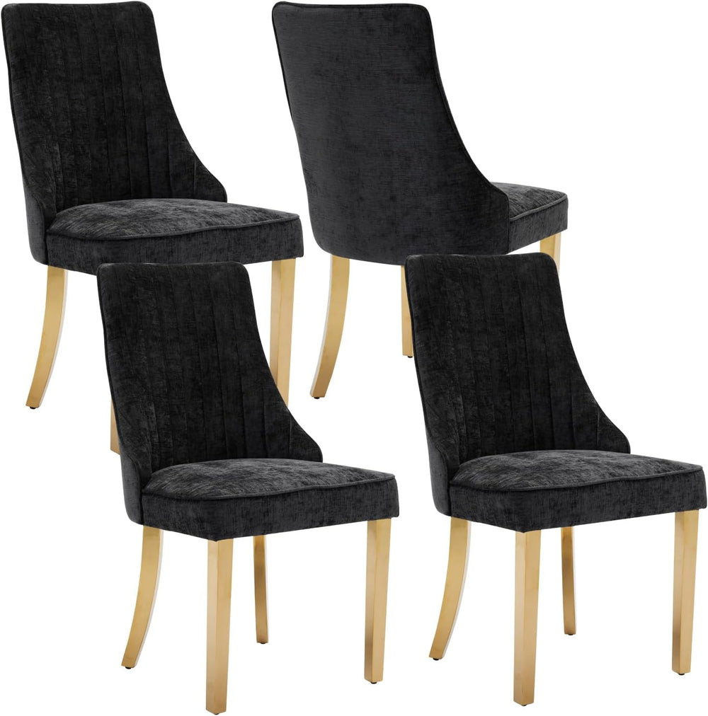 Shenyon Black Chenille Upholstered Dining Chairs Set of 4, Gold Metal Legs | ...
