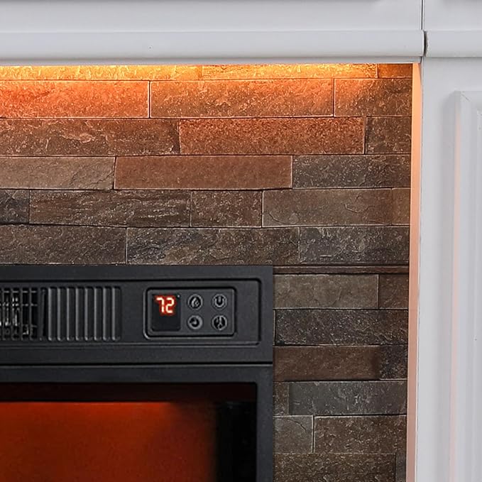 44" Electric Fireplace Mantel, LED Farmhouse TV Stand with Electric Fireplace Heater, Stacked Stone Surround and Remote Control 3D Realistic Flame, White Fireplace for Living Room Bedroom