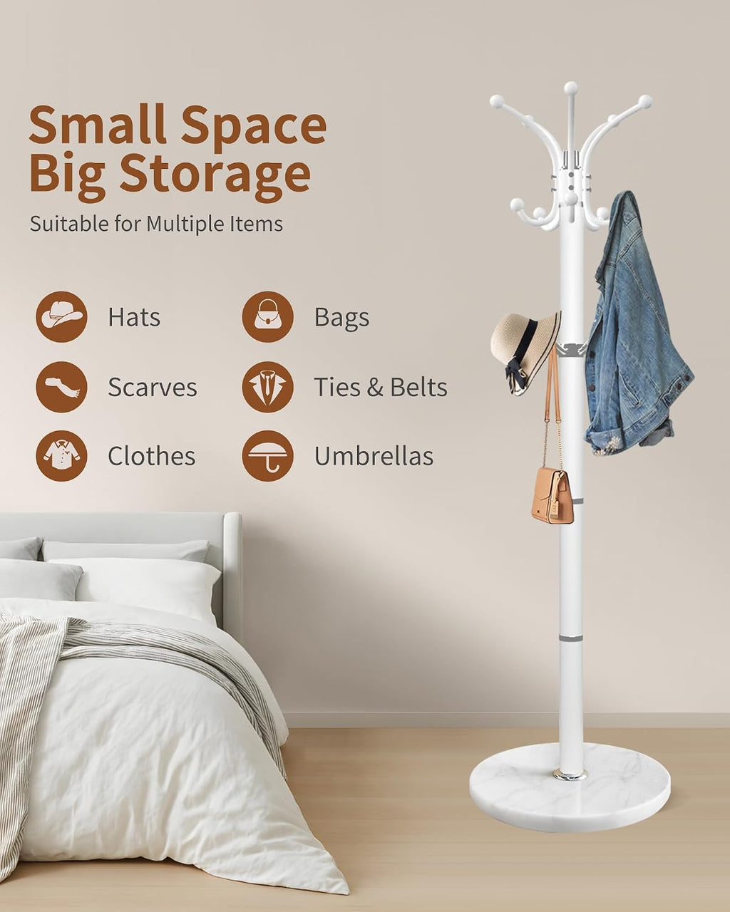 Snaikor Metal Coat Rack Stand with Natural Marble Base, Modern Coat Rack Freestanding, 360°Rotary Coat Racks with 14 Hooks, Heavy Duty Coat Hall Tree Hanger Stand for Entryway, Office