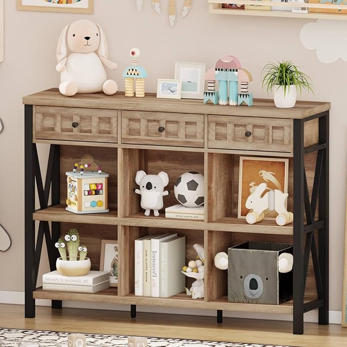 FATORRI Rustic 6 Cube Storage Organizer Shelf with 3 Drawers, Long Horizontal...