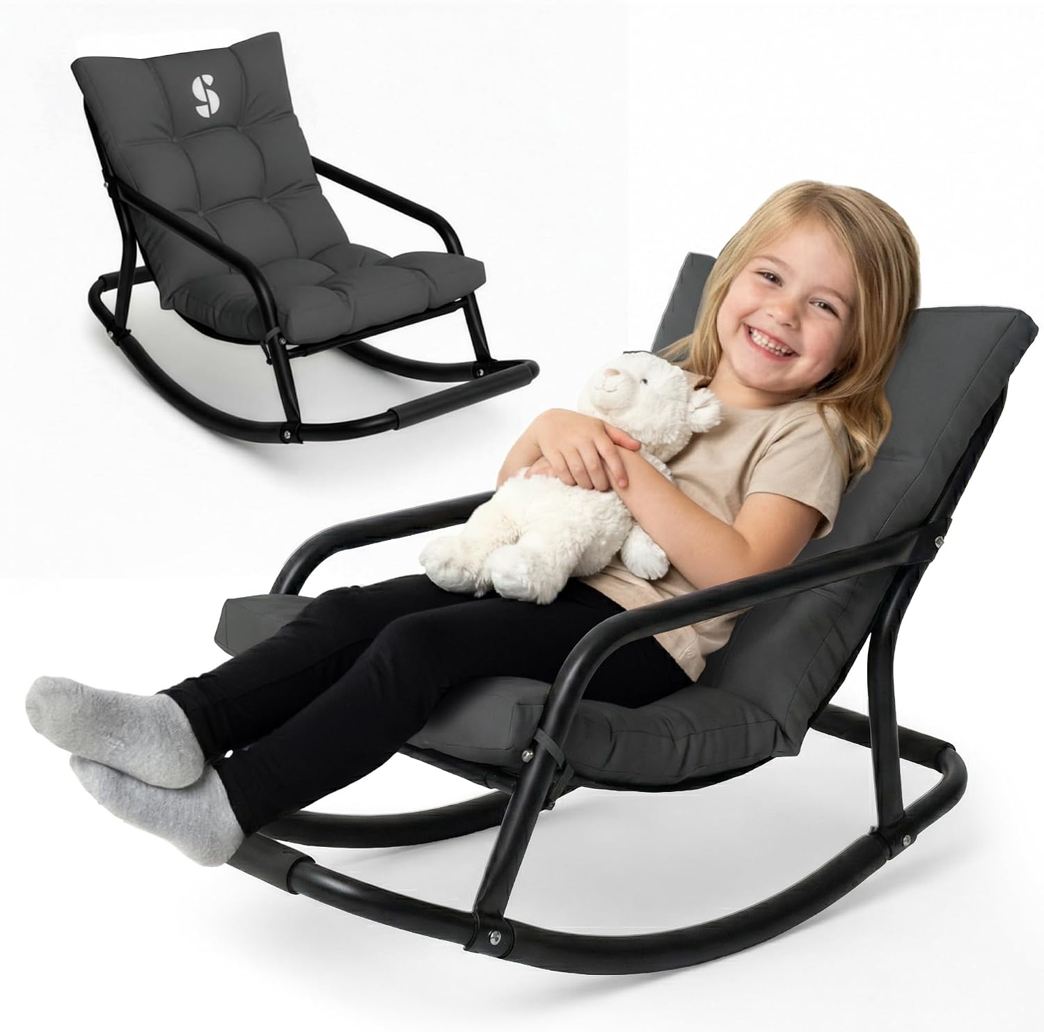Special Supplies Sensory Tufted Rocking Chair for Kids - Comfortable Kids Rocker- Versatile Floor Chair with Soft Fabric and Stability for Playroom, Bedroom, or Nursery (Ages 3+) - Charcoal