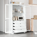 Freestanding Kitchen Pantry with Glass Doors and 4 Built-in Drawers, Large Kitchen Storage Cabinet Display Cabinet Cupboard for Dining Room, Living Room (White)