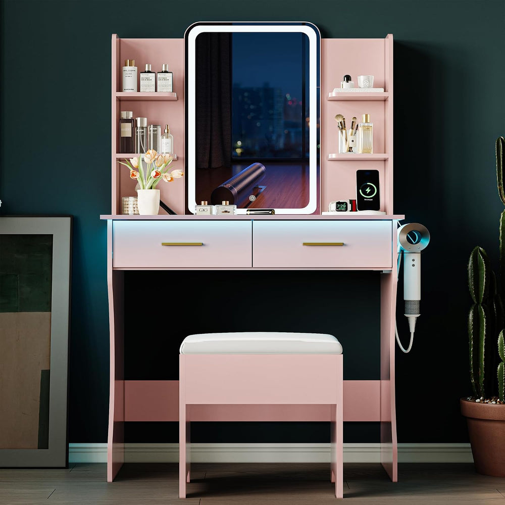 Vanity Desk with LED Lights Mirror & Power Outlet, Small Makeup Vanity Ta...