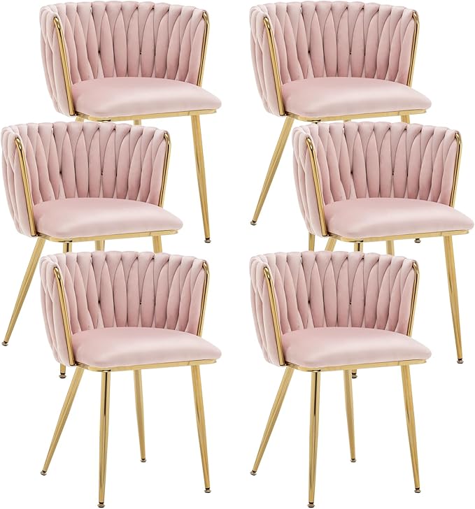Kiztir Velvet Dining Chairs Set of 6 Woven Dining Chairs with Gold Metal Legs Upholstered Modern Dining Room Chair for Living Room, Bedroom, Kitchen (Pink, Set of 6)