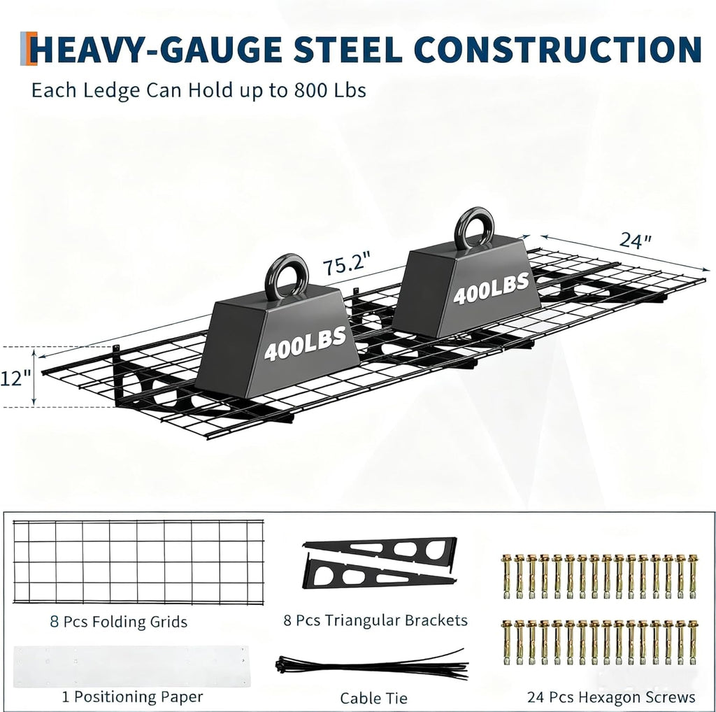 2 Pack 2x6 FT Garage Shelves Wall Mounted,1600 LBS Heavy Duty Wall Shelf with Adjustable Distance,for Garage,Kitchen Laundry,Shopping Mall and Tool Room,Black