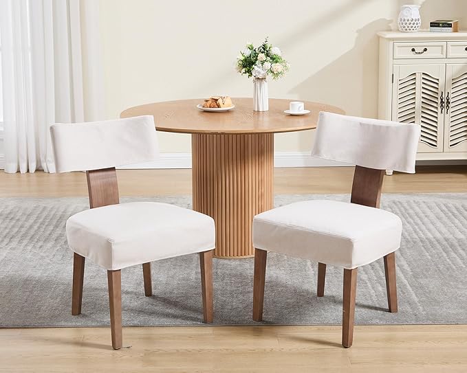 HNY Mid Century Modern Dining Chairs Set of 2 with Seat Covers, Farmhouse Linen Fabric Upholstered Accent Chairs Curved Backrest Kitchen Chairs, with Hardwood Frame, Beige