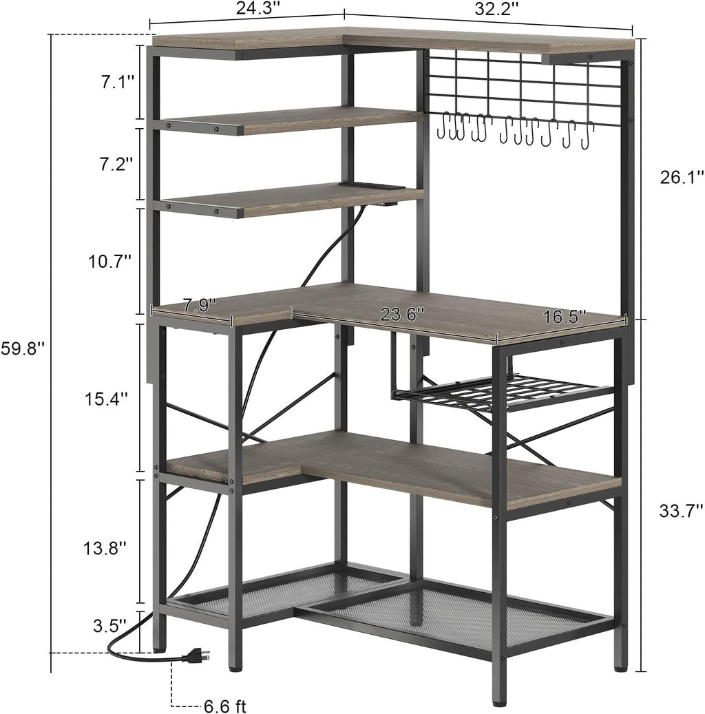 L-Shaped Bakers Rack with Power Outlet, 6-Tier Microwave Stand with Storage, Coffee Bar, Kitchen Shelf with Wire Basket, Hooks, Grey