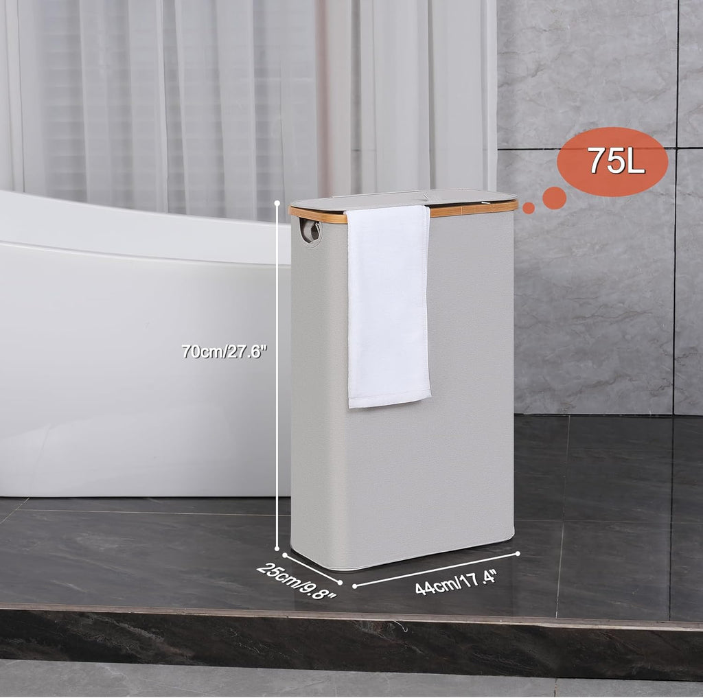 efluky Slim Laundry Hamper with Lid, Narrow Laundry Hamper with Removable Bag, Collapsible Dirty Clothes Basket with Handles for Bathroom, Bedroom & Laundry Room, 75L Light Grey