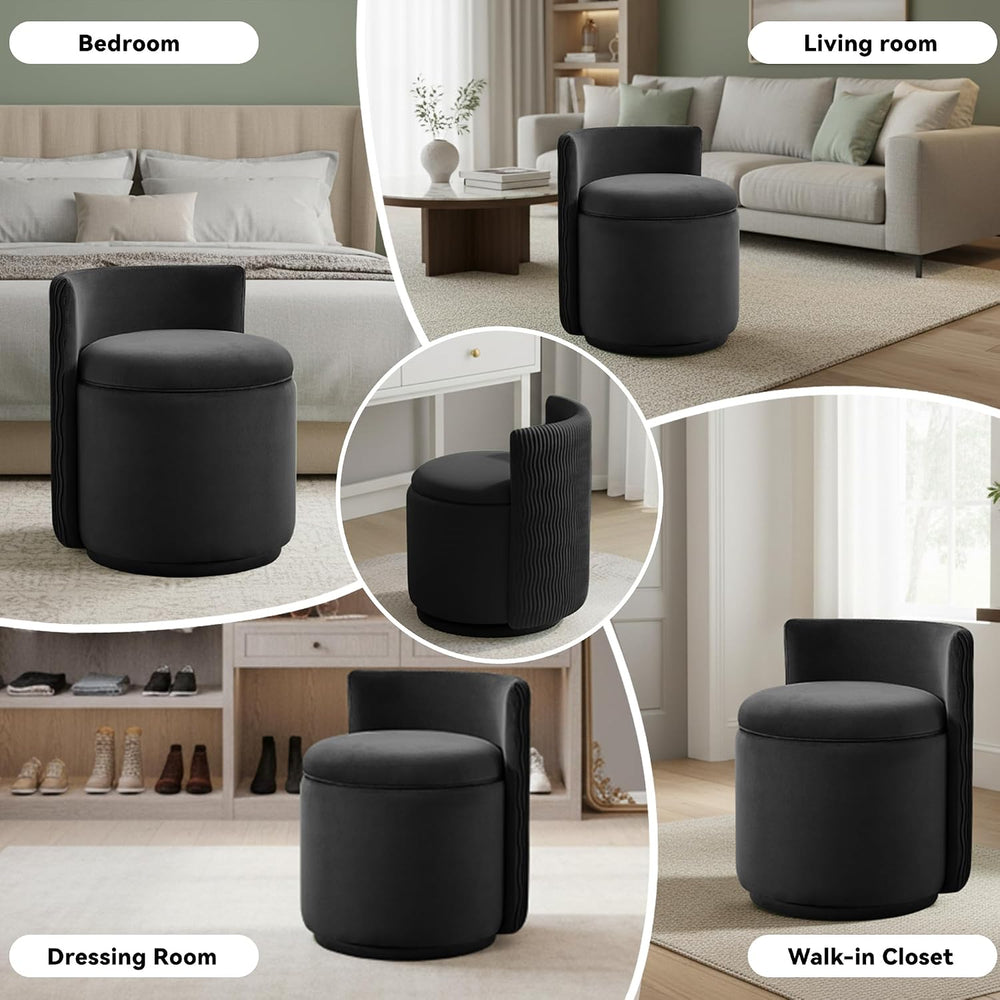 360° Swivel Velvet Vanity Chair with Storage, Barrel Makeup Chair with Wave B...
