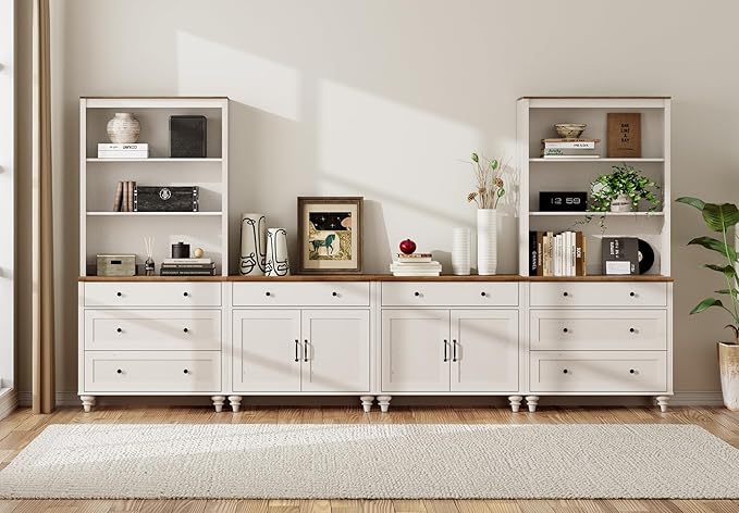 WAMPAT Entertainment Center with Bookshelves for TVs up to 75", Farmhouse Wall Unit TV Stand with Doors & Drawer, Media Console Table for Living Room, Bedroom & Home Theater, White