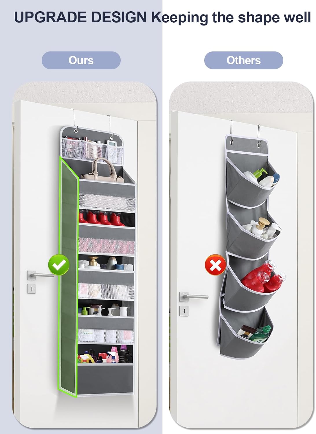 Over the Door Organizers - 5 Shelf Hanging Door Storage with 5 Spacious Pockets, Anti -Tilt 44 lb Load Behind Door Organizer for Bedroom,Nursery,Bathroom,Kitchen,Dorm,Pantry - 1 Pack,Grey