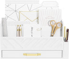 Bamboo Desk Organizer Mail Holder Countertop Wood Desk Drawer Tabletop Storage Box Pen Holder Letter Sorter Makeup Organizer for School Home Office Supplies with Pen Holder White