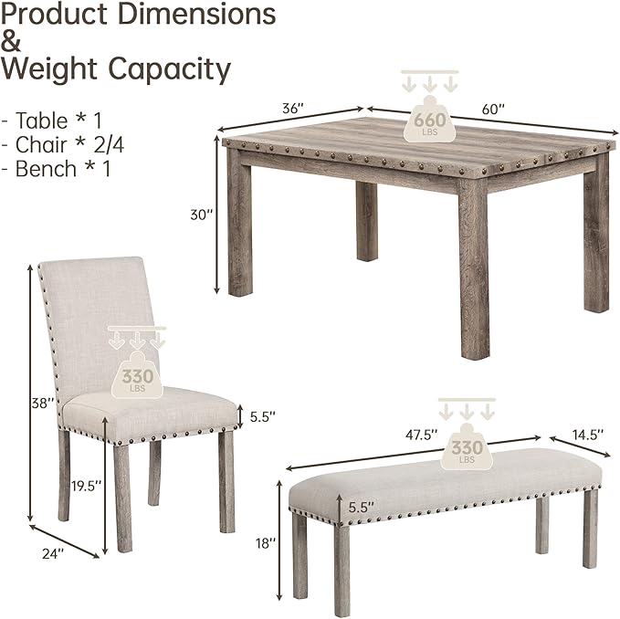 Morden Fort Dining Table Set for 6, Farmhouse Wooden Table & Upholstered Bench & 4 Dining Chairs, Kitchen Dining Set with Nailhead Accents, Rectangular Table Sets for 6 for Kitchen/Dining Room