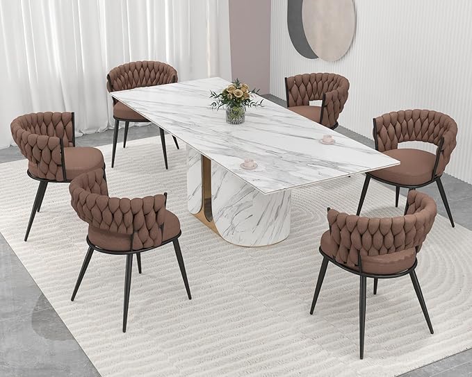 KCC Fabric Dining Chairs Set of 6, Modern Dining Chair with Metal Legs, Woven Upholstered Dining Chairs for Dining Room, Kitchen, Vanity, Living Room (Brown)