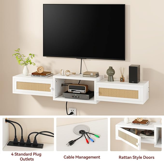 IBUYKE Modern Rattan Floating TV Stand with Doors,Wall Mounted TV Shelf for TVs up to 55 Inches,Media Console Entertainment Center for Under TV Storage Cabinet for Living Room Bedroom,White UWST012W