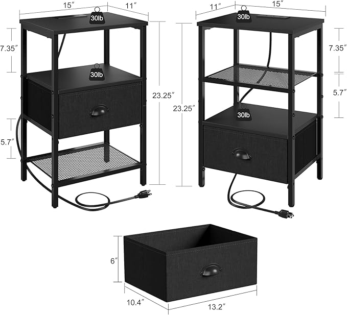 Sthmec Nightstands Set of 2, LED Bedside Tables with Charging Station and Fab...