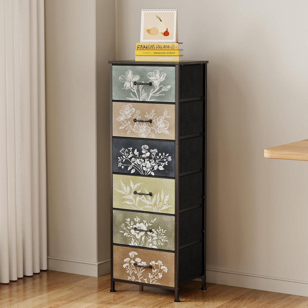 Tohomeor Vintage Dresser Vertical Nightstand with Neutral Botanical Plant Fabric Chest Drawers for Closet Bathroom Storage Tower Unit Bed Side Organizer Farmhouse Rustic (Multi, 6 Drawers)