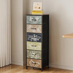Tohomeor Vintage Dresser Vertical Nightstand with Neutral Botanical Plant Fabric Chest Drawers for Closet Bathroom Storage Tower Unit Bed Side Organizer Farmhouse Rustic (Multi, 6 Drawers)