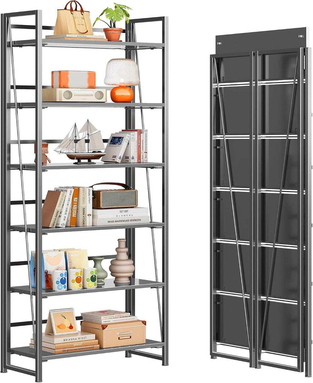 4NM No Assembly Folding Bookshelf Book Shelves, 6-Tier 74"" H Colla...