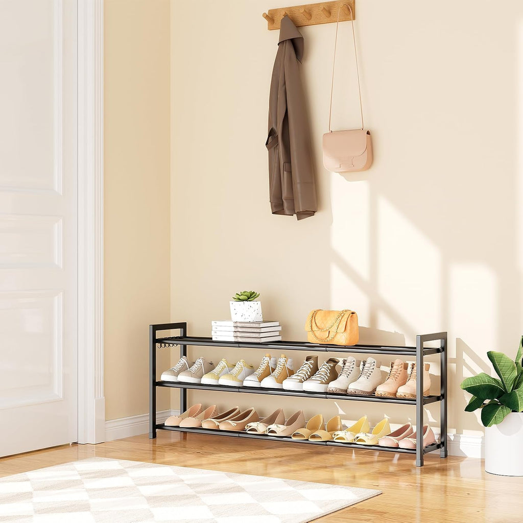 Expandable Shoe Rack - 18.5''- 47'' Adjustable Shoe Rack for Closet, 3 Tier Long Shoe Shelf Storage for 18 Pairs Shoe and Boot, Sturdy Metal Shoe Organizer for Entryway, Garage, Black