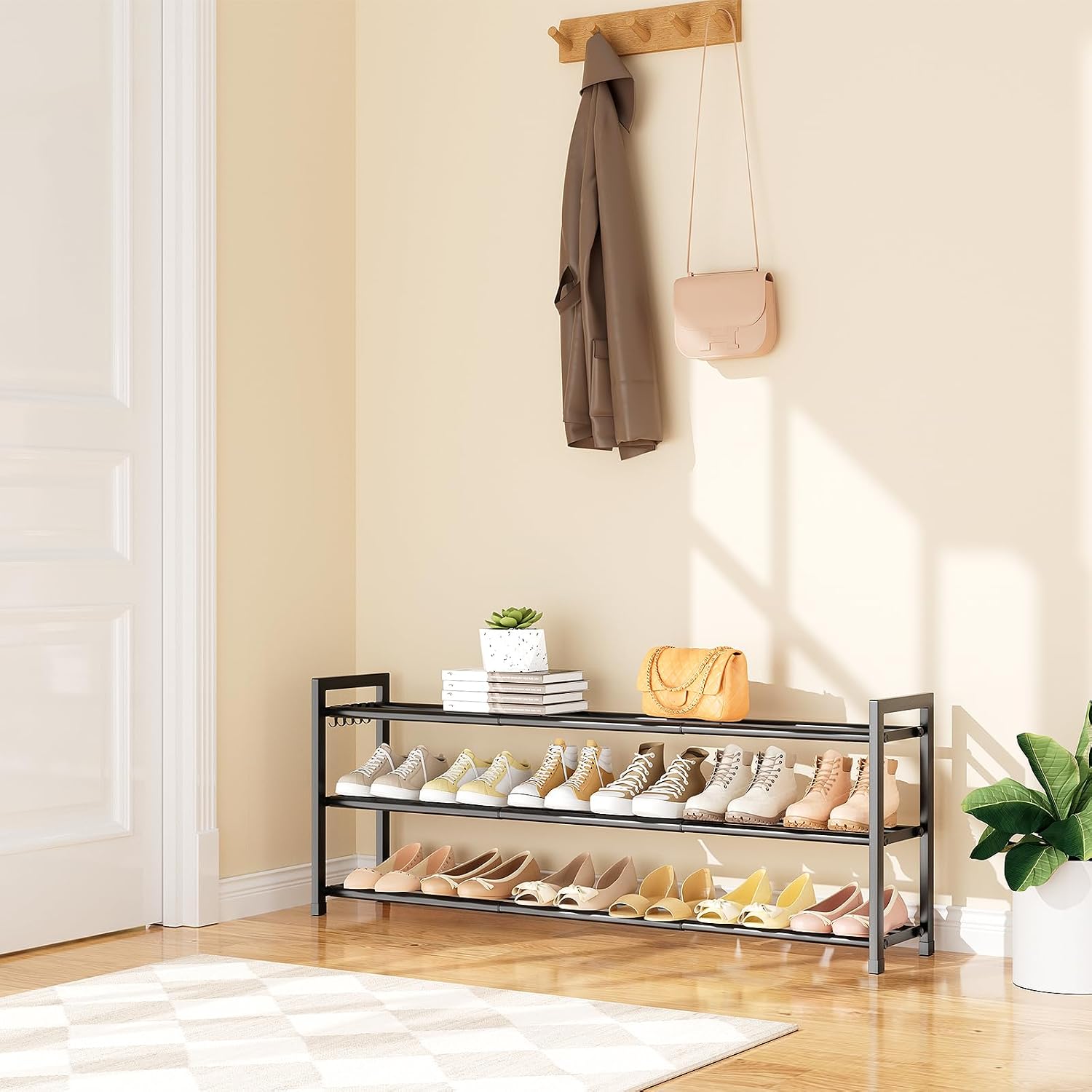 Expandable Shoe Rack - 18.5''- 47'' Adjustable Shoe Rack for Closet, 3 Tier Long Shoe Shelf Storage for 18 Pairs Shoe and Boot, Sturdy Metal Shoe Organizer for Entryway, Garage, Black