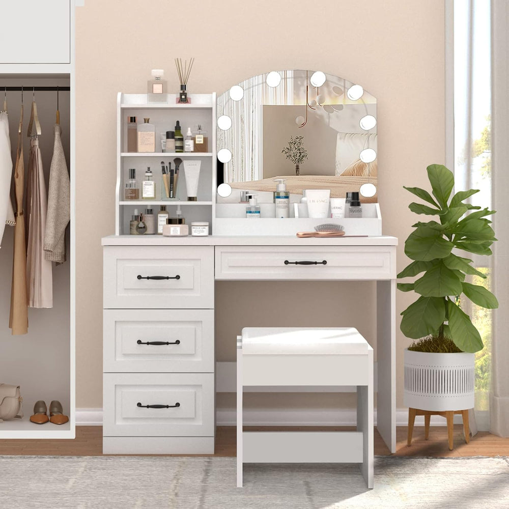 Vabches Vanity Desk with Mirror and Lights,Makeup Vanity Set for Bedroom | Wh...
