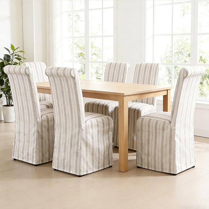 Upholstered Parsons Dining Chairs Set of 6 Slipcoverd Linen Fabric Kitchen Chairs with Removable Skirt, High Back Side Chairs with Solid Wood Legs for Dining/Living Room, Banquet, Khaki