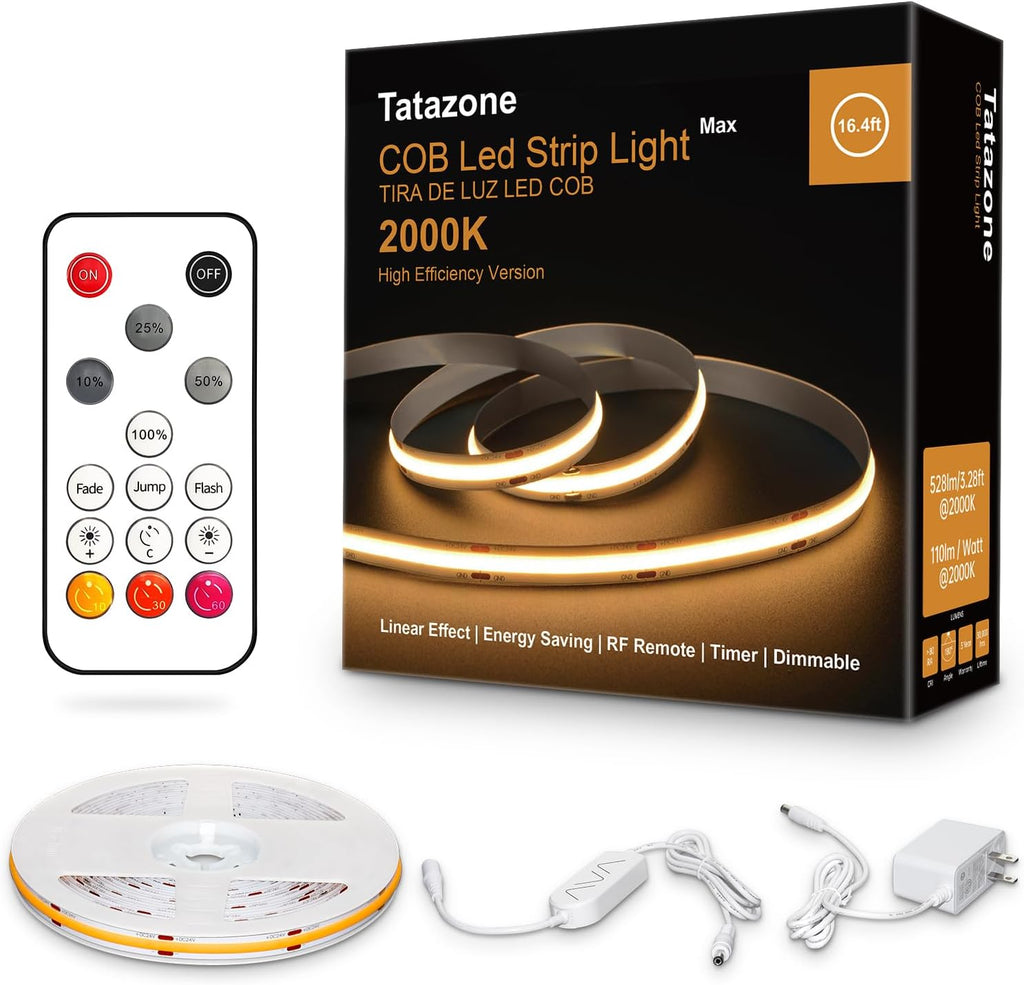 Orange Color COB Led Strip Lights with RF Remote, 16.4ft 2000K Dimmable Bright Dotless Yellow Led Light Strip, Adhesive Indoor Gold Yellow Led Lights for Cabinet, Living Room