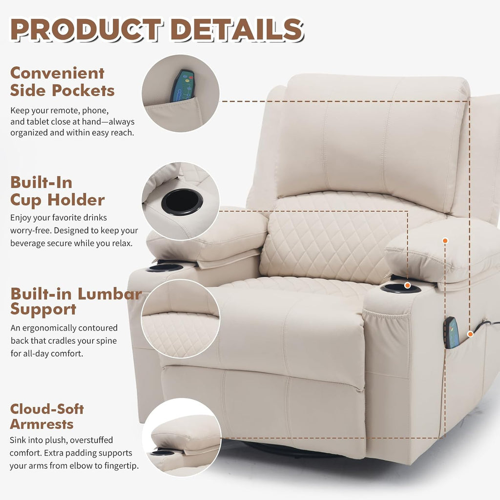 Massage Swivel Rocker Recliner Chair with Heat Nursery Rocking Glider Chair | Overstuffed, Cup Holders, Nursery Glider, Rocking Reclining Lounge Chair, Swivel Heated Massaging Recliner, Faux Leather