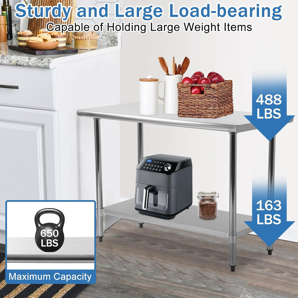 24inch x 60inch Stainless Steel Kitchen Work Table Food Prep Table NSF Commercial Worktable Adjustable Table Foot Duty Metal Table Scratch Resistent Antirust Restaurant Kitchen, 24 x 60 inch
