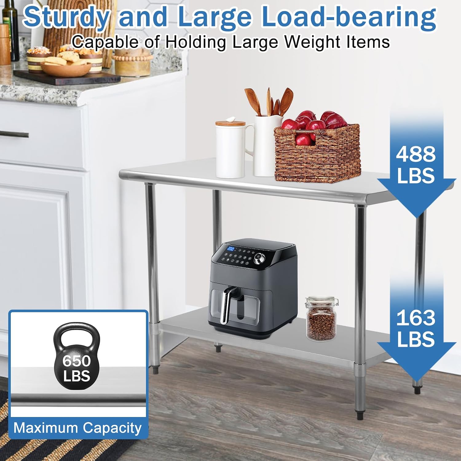 24inch x 60inch Stainless Steel Kitchen Work Table Food Prep Table NSF Commercial Worktable Adjustable Table Foot Duty Metal Table Scratch Resistent Antirust Restaurant Kitchen, 24 x 60 inch