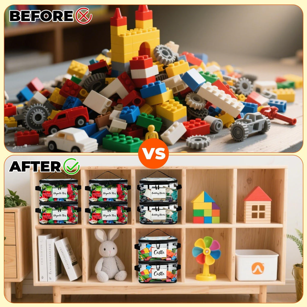 8 Pack Clear Toy Storage Bag with Name Tag& Manual Pocket, Wide-open Transparent PVC Toy Organizer Case with Portable Handle for Lego Bricks, Building Blocks, Board Games& Puzzles (Black)