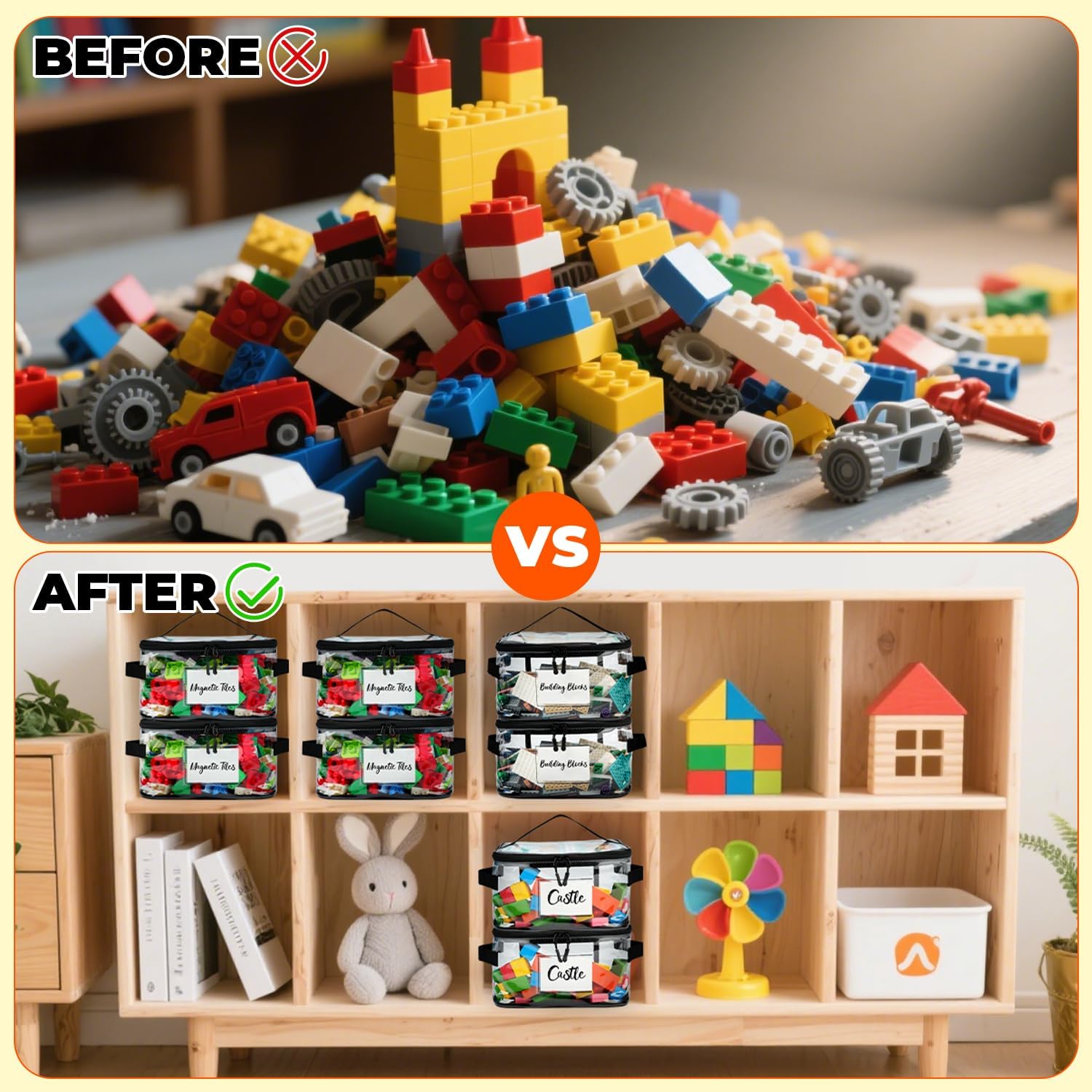 8 Pack Clear Toy Storage Bag with Name Tag& Manual Pocket, Wide-open Transparent PVC Toy Organizer Case with Portable Handle for Lego Bricks, Building Blocks, Board Games& Puzzles (Black)