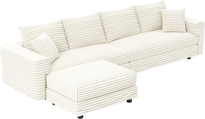 KEIKI 102.4" Sectional Couches, Modern Comfy Upholstered Sofa Cloud Couch, Deep Seat 4 Seat Sofa Set with Soft Pillows and Movable Ottoman for Living Room Bedroom,Apartment,Office, Beige