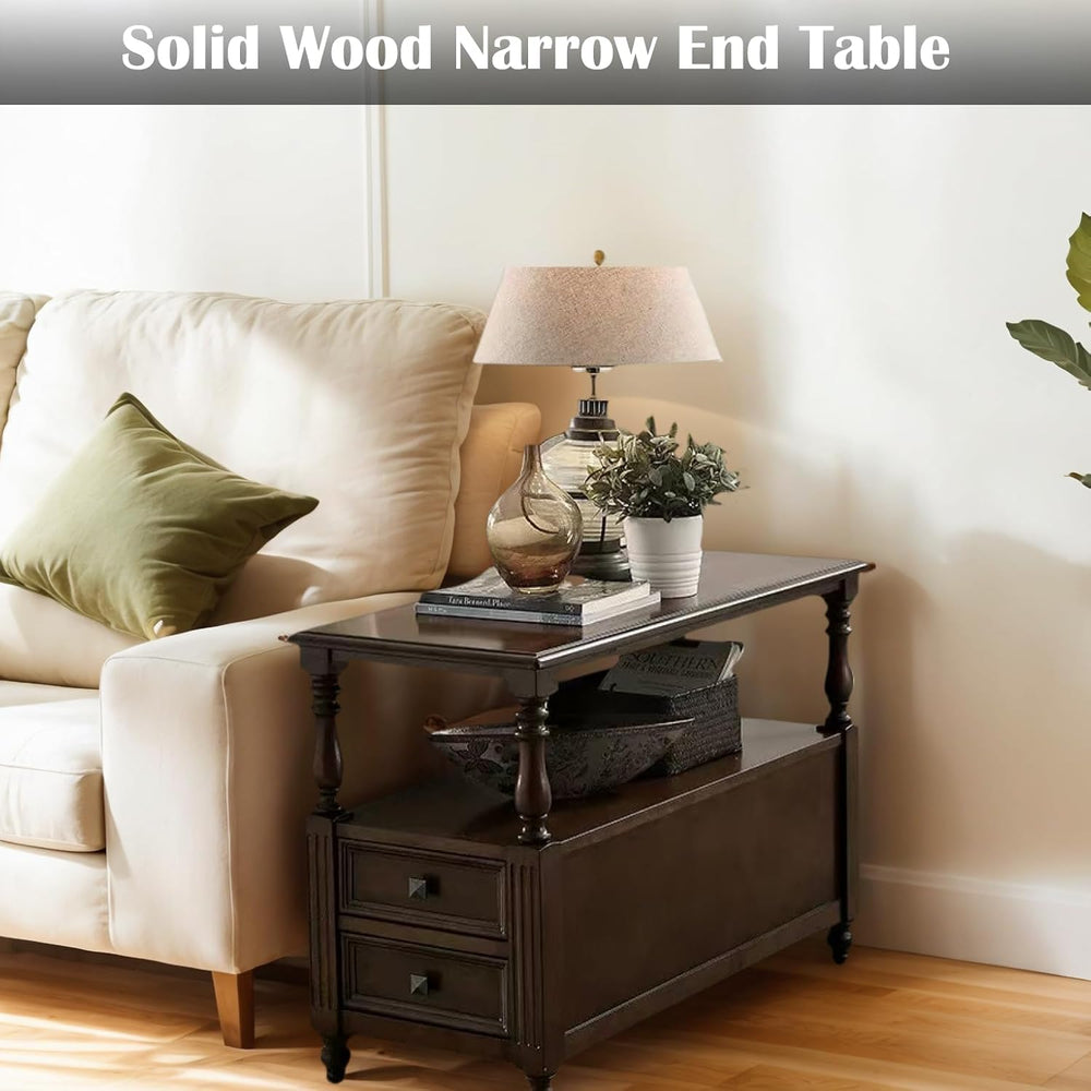 YUNMUARY-Solid Wood End Table with 2 Drawer Mid-Century Nightstand Narrow Sid...