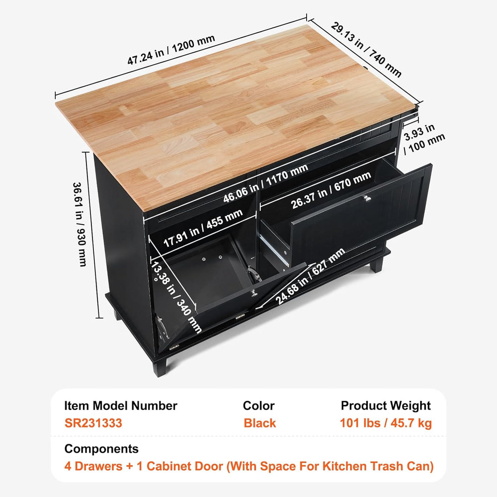 VEVOR Kitchen Island Cart, 50" Wood Top Breakfast Bar with Trash Cabinet...
