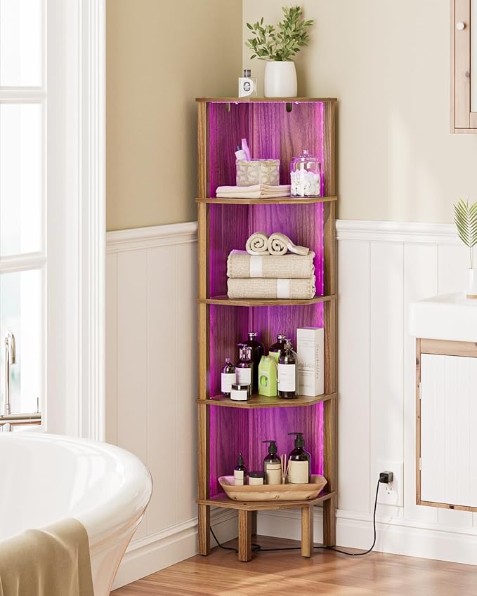 Corner Shelf, 5 Tier Corner Bookshelf with LED Light,Wall Display Corner Shelf Stand with Storage Rack for Living Room,Bedroom,Office,Walnut