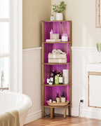 Corner Shelf, 5 Tier Corner Bookshelf with LED Light,Wall Display Corner Shelf Stand with Storage Rack for Living Room,Bedroom,Office,Walnut