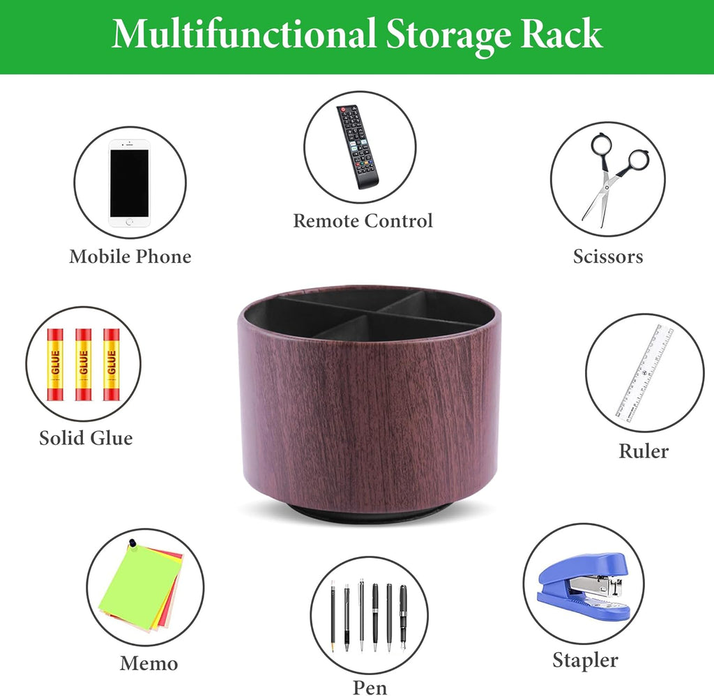 Round Leather Art Supply Organizer,Remote Control Holder,360 Degree Spinning,Multi-Functional Pencil Holder,4 Compartments Desktop Stationary Organizer(1-Thin Wood Dark Brown)