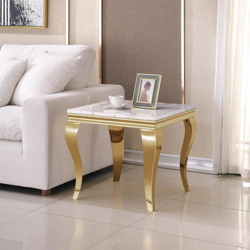 Marble End Table, Modern White Faux Marble Sofa Side Table with Gold Stainles...