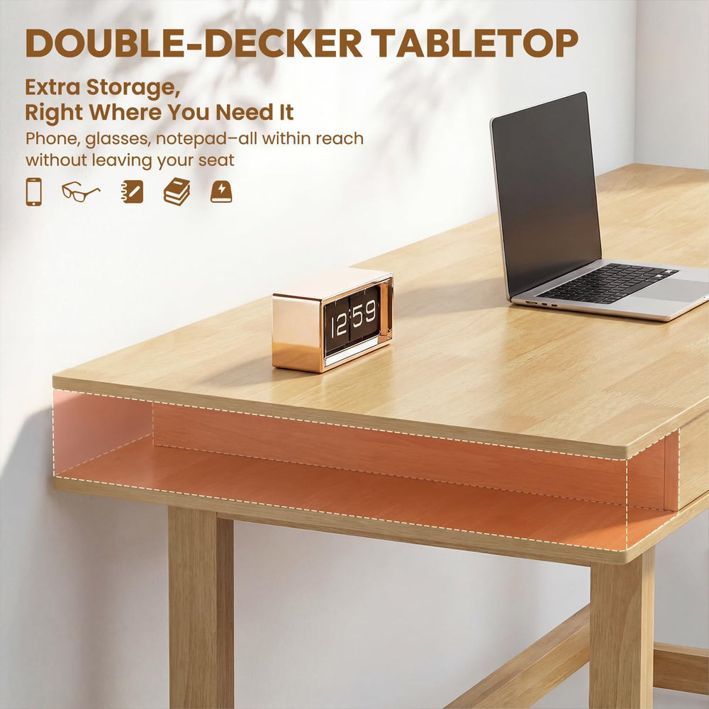 60in Solid Wood Desk - Oak Double-Top Writing Table with Drawers