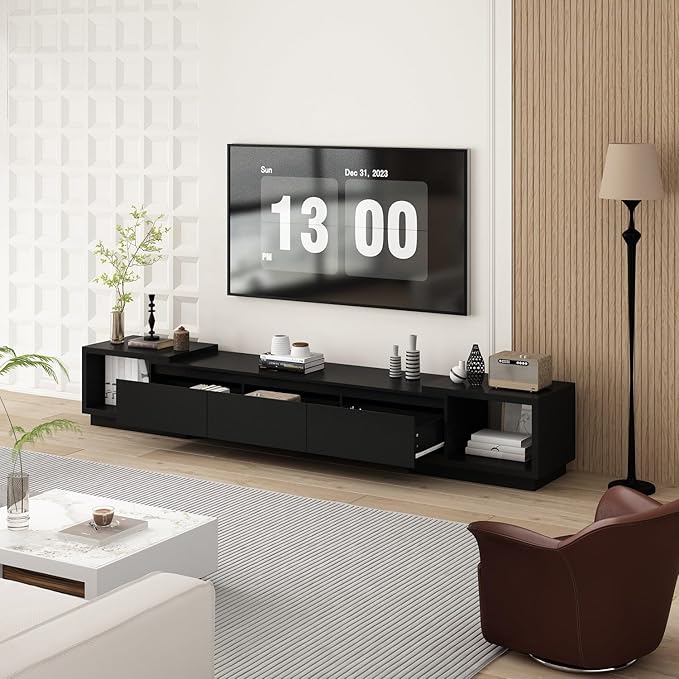 FAMAPY Extendable TV Console Table Modern TV Cabinet with Drawers, Contemporary Media Storage Console Table for Living Room Black (65.4-106.3”W x 15.7”D x 15.4”H)