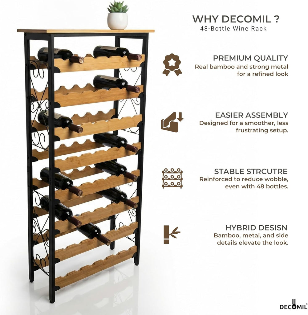 DECOMIL 48 Bottle Wine Rack, Freestanding Floor Storage Organizer with Real B...