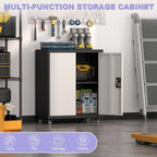 Metal Storage Cabinet with Wheels, Steel Mobile Garage Cabinets with Lockable Door and Adjustable Shelf, Metal Rolling Tool Cabinet, Utility Cabinet for Home, Office, Black+Gray