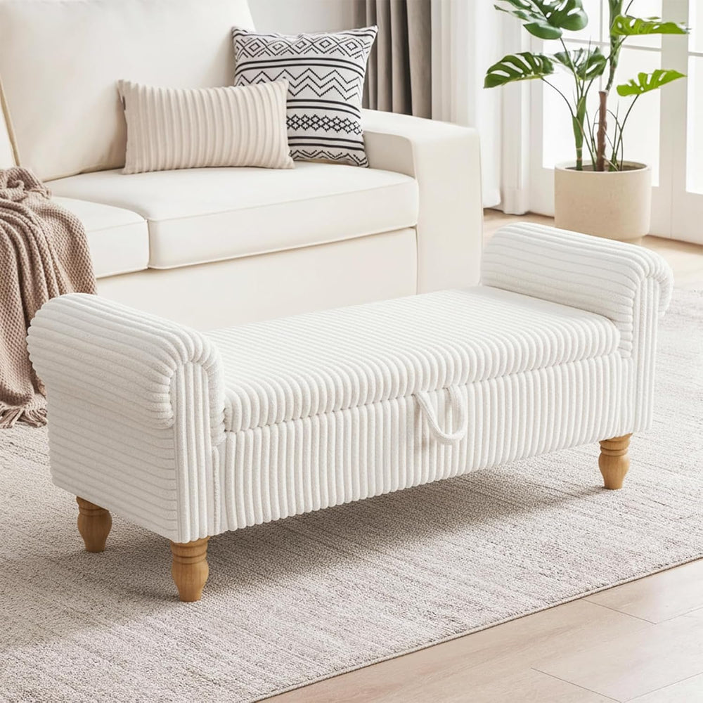 55" Storage Ottoman Bench, Corduroy End of Bed Bench for Bedroom, White ...
