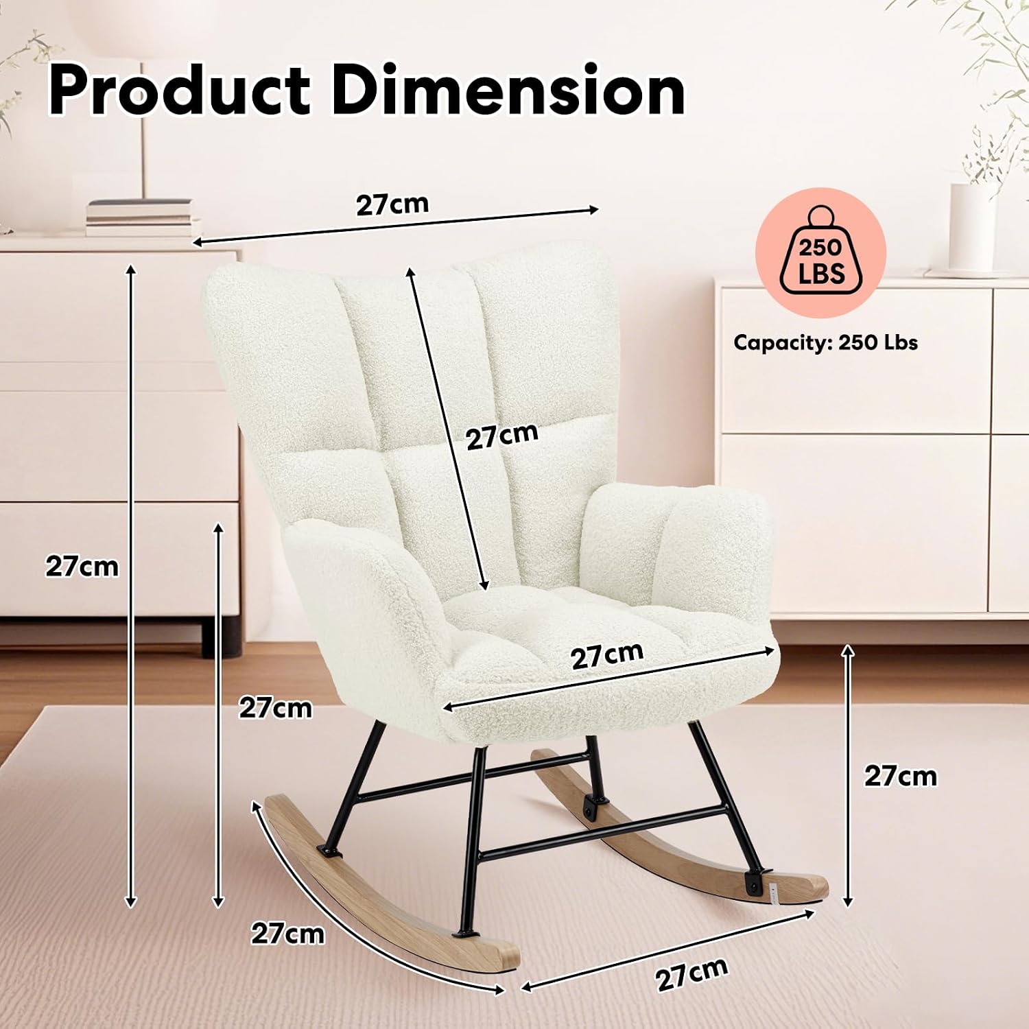 Simple Deluxe Nursery Rocking Chair, Teddy Upholstered Glider Rocker with High Backrest, Comfy Accent Armchair for Nursing & Reading, Standard Size, White