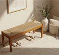 Vintage Entryway Bench, 47 inch Acacia Wood Bench with Woven Seagrass Seat, Entryway Bench, Wicker Bench Indoor for Hallway, End of Bed, Rustic Farmhouse Boho Style, Indoor Decorative Bench (Brown)