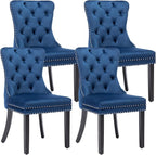 KCC Velvet Dining Chairs Set of 4, Upholstered High-end Tufted Dining Room Chair with Nailhead Back Ring Pull Trim Solid Wood Legs, Nikki Collection Modern Style for Kitchen, Blue