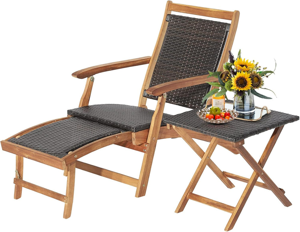 RELAX4LIFE Patio Lounge Chair Set - Outdoor Acacia Wood Chaise Lounge w/Side ...